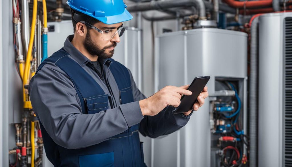 HVAC Technician Using Mobile App for Diagnostic and Calculation Tools