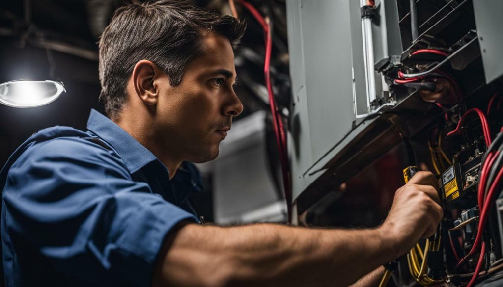 HVAC technician examining HVAC unit