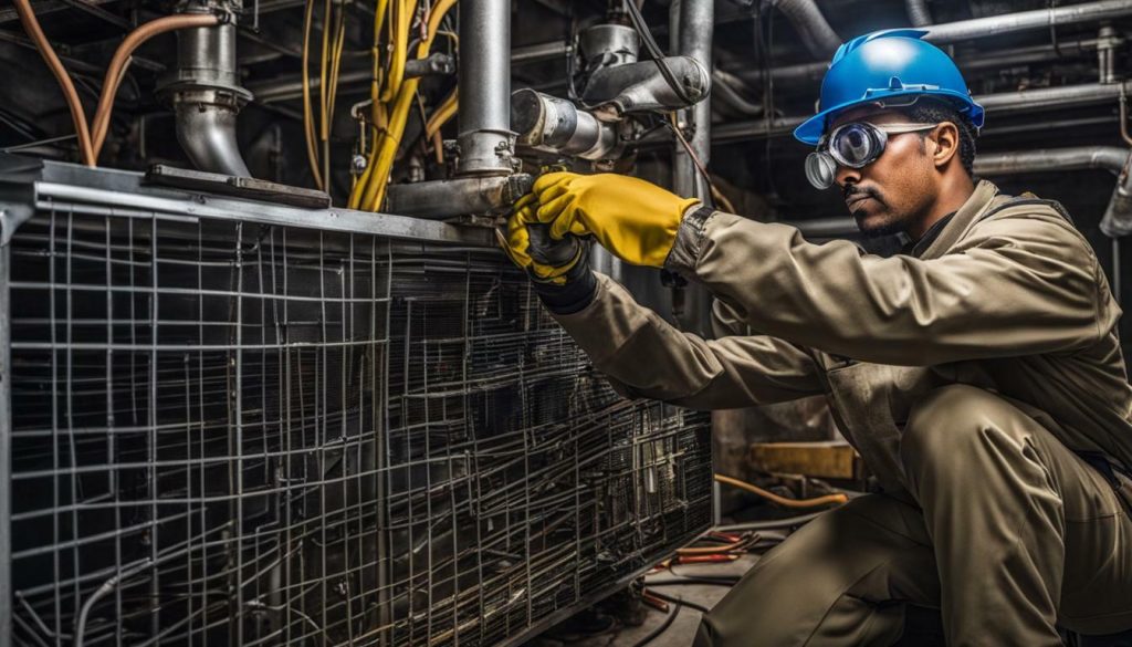 HVAC technician examining an HVAC unit