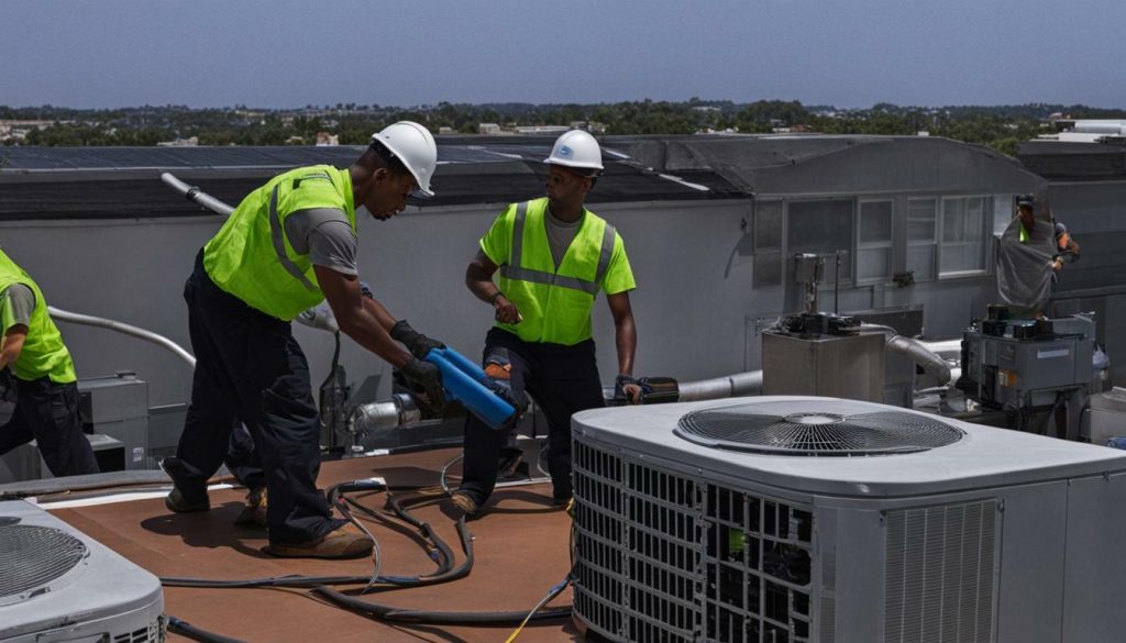 HVAC technician installing air conditioning unit